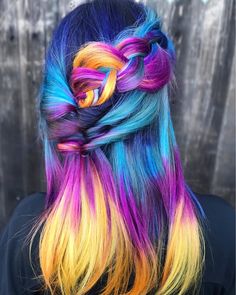 Hair by @liz.colors (instagram) Blue Yellow Hair, Skater Hair, Sunshine Songs, Rainbow Hair Color, Colourful Hair, Coloured Hair, Pulp Riot, Multicolored Hair, Beautiful Hair Color