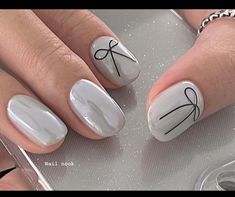 Cute Delicate Nails, Nail Bow Designs, Nail Gray, Nail Art Bow, Ribbon Nails, Nails Gray, Art Exploration