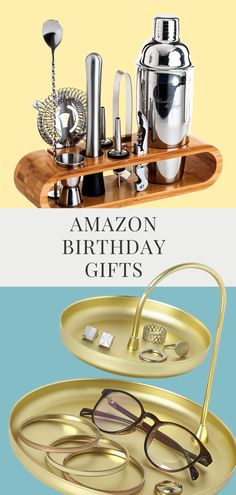 an image of a birthday gift set with glasses and other items on the trays