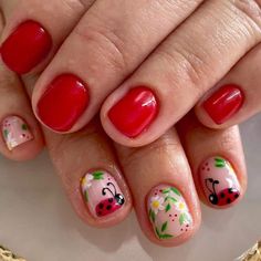 Cute Nail Ideas For Kids, Nail Ideas For Kids, Ladybug Nail Art, Ladybug Nails, Cute Nail Ideas, Gold Gel Nails, Sunflower Nail Art, Kids Nail Designs, Quick Nail Art