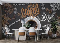 a coffee themed dining room with chalkboard wallpaper