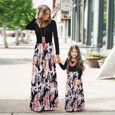 Spring/Autumn Mother Daughter Matching Dresses - Black Top Floral Dres – Pink & Blue Baby Shop Blue Dresses For Kids, Mom Daughter Matching Dresses, Daughter Dress, Mother Daughter Dresses Matching, Mom And Daughter Matching, Mother Daughter Outfits, Girls Long Dresses, Mother Daughter Dress, Mommy And Me Dresses