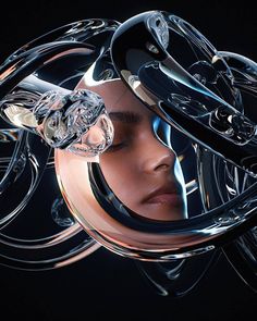 a woman's face is surrounded by metal circles and glass objects in this artistic photo