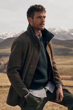 click to expand Cool Mens Style, Mens Outfit Aesthetic, Winter Outfits For Men, Coat For Winter, Brown Leather Jacket Men, Work Coat, Outfits For Men, Double Collar, Sheepskin Coat