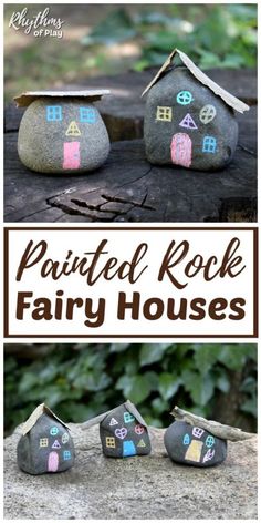 painted rock fairy houses with text overlay