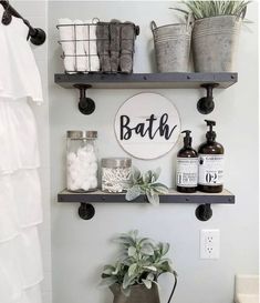 a bathroom with two shelves above the toilet and a potted plant next to it