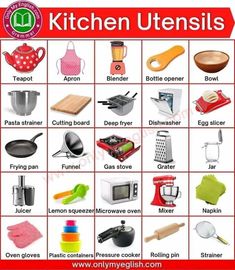 kitchen utensils are shown in this poster