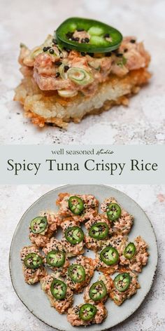 some food is on a plate and the words spicy tuna crispy rice are above it