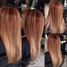 a mixture of coppers, golds, a bit of ombre and highlights.  ❤️ Copper Blonde Hair, Red Ombre Hair, Copper Balayage, Gold Hair Colors, Strawberry Blonde Hair Color, Ginger Hair Color, Beautiful Red Hair, Strawberry Blonde Hair, Short Hair Color