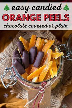 chocolate covered orange peels in a glass jar