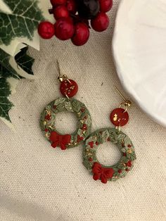 Polymer Clay Wreath Dangles, Lightweight Holiday Earrings, New Year Earrings, Butcher's broom earrings Holiday Clay Earrings, Polymer Clay Wreath, Broom Earrings, Clay Wreath, Clay Jewlrey, Polymer Clay Christmas Earrings, Christmas Wreath Earrings, Wreath Earrings, Clay Christmas