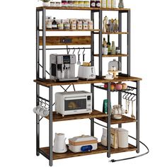 an industrial style kitchen shelving unit with microwave, toaster and other items on it