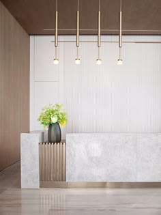 a white marble counter with a plant in the center and four lights hanging above it