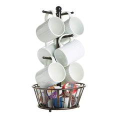 a rack with cups and utensils in it