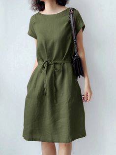 Solid Pocket Short Sleeve Crew Neck Dress with Belt Casual Plain Knee-length Midi Dress, Casual Solid Color Workwear Dresses, Casual Green Dress With Tie Waist, Green Knee-length Mini Dress With Pockets, Casual Workwear Mini Dress With Tie Waist, Casual Workwear Dress With Tie Waist, Casual Mini Dress With Tie Waist For Work, Casual Belted Knee-length Dress, Green Casual Midi Dress For Work