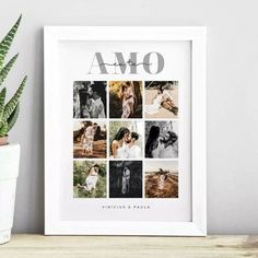 a white framed photo with the words amo on it next to a potted plant