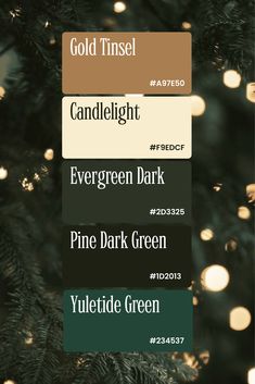 a christmas tree with lights in the background and text that reads candlelight evergreen dark pine green yuletide green