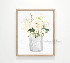 there is a painting on the wall with white flowers in a mason jar that says, i love you