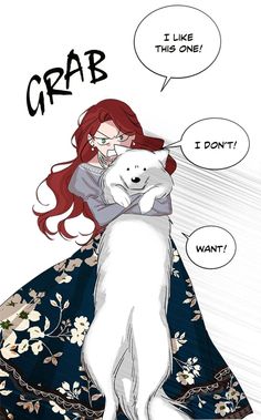 a woman with red hair holding a white dog in her arms and saying i like this one