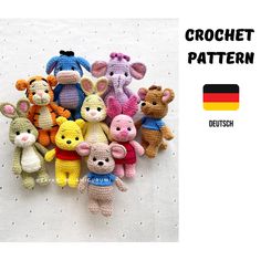 there are many small crocheted animals on the tablecloth with german flag in the background