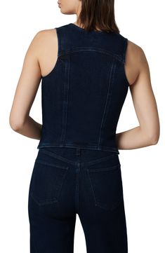 Vests are having a moment right now, and denim day is when you want to headline with this one. Front button closure Deep V-neck Front welt pockets 79% cotton, 20% polyester, 1% elastane Machine wash, line dry Imported Fitted Denim Top For Everyday, Fitted Denim Top For Everyday Wear, Fitted Denim Vest For Everyday Wear, Fitted Denim Vest For Everyday, Fitted Denim Blue Top For Everyday, Denim Day, Joes Jeans, Denim Vest, Welt Pockets