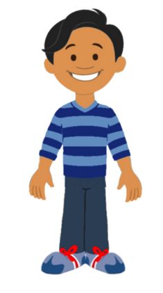 a boy in striped shirt and blue pants standing with his hands behind his back legs