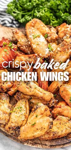 A close up view of a platter of baked chicken wings. Chicken Wings Recipe Oven, Wings Recipe Oven, Oven Fried Chicken Wings, Air Fryer Chicken Wings Recipe, Easy Baked Chicken Wings, Chicken Wings In The Oven, Chicken Wings Baked, Crispy Oven Baked Chicken Wings