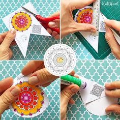 four pictures showing how to make an ornament for a paper flower with scissors