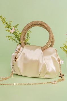 Gold satin fabric bag with a crystal studded handle and metallic sling chain. - Aza Fashions Evening Beige Embellished Shoulder Bag, Luxury Gold Shoulder Bag With Pearl Handle, Party Shoulder Bag With Handles In Beige, Beige Party Shoulder Bag With Handles, Gold Shoulder Bag For Evening With Handles, Beige Evening Bag With Handles, Luxury Wedding Bag With Chain Strap, Gold Evening Bag With Handles, Gold Shoulder Bag With Pearl Handle For Evening