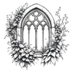 a black and white drawing of an arched window with flowers around the windowsills