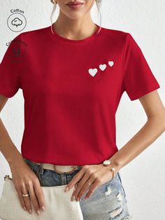 Cotton Heart Embroidery Round Neck Tee Red Casual  Short Sleeve Knitted Fabric Heart  Slight Stretch Summer Women Clothing, size features are:Bust: ,Length: ,Sleeve Length: Fashion Terms, Best T Shirt Designs, Fabric Heart, Round Neck Tees, Women T Shirts, Womens Activewear, Heart Print, Casual T Shirts, Lingerie Set