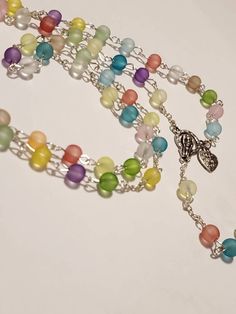 Multicolored glass beaded rosary Multicolor Beaded Rosary As Gift, Spiritual Multicolor Rosary Bracelet With Colorful Beads, Personalized Rosary, Beaded Rosary, Beaded Necklaces, Blue Bracelet, Metal Chain, Rosary, Chain Styles