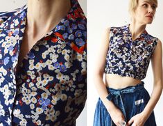 "Free shipping worldwide! Super cool handmade vintage crop top. Made of light cotton blend with floral pattern, it features button closures, elastic hem and pointy collar. Brand: not stated Material: feels like cotton and poly blend Size: would best fit M Condition: great condition, no flaws  Measurements Length - 39 cm/15.4\" Shoulder to shoulder - n/a Pit to pit - 45 cm/17.7\" Hem circumference - 66-78 cm/26-30.7\"  Questions are always welcome!" Fitted Collared Cotton Crop Top, Fitted Cotton Collared Crop Top, Fitted Cropped Floral Print Crop Top, Fitted Cropped Blouse With Floral Print, Fitted Floral Print Cropped Blouse, Fitted Buttoned Crop Top For Summer, Fitted Button Crop Top For Summer, Fitted Crop Top With Buttons For Summer, Fitted Summer Tops With Peter Pan Collar