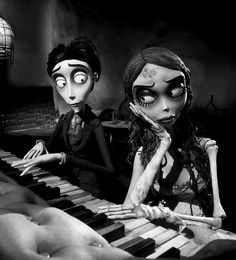 two cartoon characters are playing the piano in front of a table with skulls on it