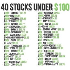 a poster with the words 40 stocks under $ 100 in green and black letters on it