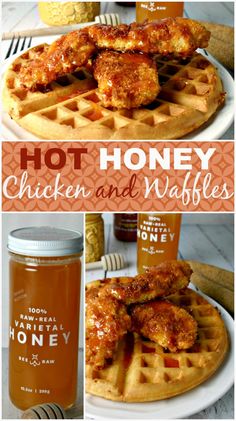 chicken and waffles with honey on the side is featured in this collage