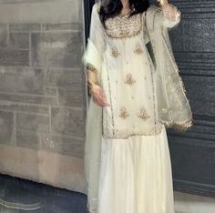 #trending #trendy #wedding Off White Traditional Outfit, Pakistani Dress Aesthetic, White Desi Clothes, White Desi Dress, Desi Dresses Aesthetic, Traditional Dress Aesthetic, White Traditional Outfit, Sharara Aesthetic, Desi Clothes Aesthetic