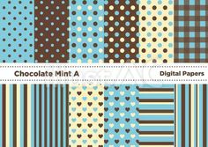 chocolate and blue digital paper set with hearts, stripes and dots on the edges in different colors