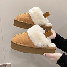 Lasaky - Fur-Lined Winter Slippers: Outerwear with Integrated Thick Soles, Non-Slip Base, and Half Slipper Design Casual Indoor Platform Slippers With Round Toe, Winter Casual Slip-on Slippers, Winter Slip-on Closed Toe Slippers, Slip-on Closed Toe Winter Slippers, Slip-on Closed Toe Slippers For Winter, Casual Winter Slippers With Flat Heel, Casual Closed Toe Winter Slippers, Suede Shoes Women, Women Slippers Fashion