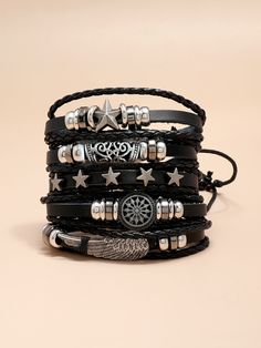 Preto Elegante Collar  Couro PU   Embellished   Jóias da moda Funky Bracelets, Funky Bracelet, Star Decor, Bracelet Sets, Mens Fashion Jewelry, Mens Braids, Black Wings, Star Decorations