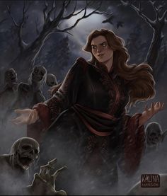 a painting of a woman surrounded by zombies