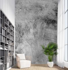 an empty room with a chair, bookcases and a potted plant