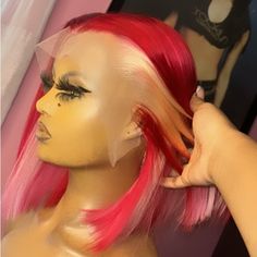 New “Ready To Wear” Manufactured Red Frontal Wig Unit. 1. Model Wig: Body Wave - 12inch 2. Hair Type: 100% Human Hair 3. Density: 180% 4. Hair Color: Red & Blonde 5. Hairline: Pre - Plucked 6. Wig Strap: Adjustable 7. Circumference: 22.5inches - Standard 8. Lace: Transparent Lace 9. Lace Area: 13x4 Red Frontal Wig, Red Frontal, Red Lace Front Wigs, Hair Color Red, Red Blonde, Ombre Bob, Red To Blonde, Bob Lace Front Wigs, Dyed Hair Inspiration