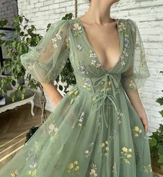 Midi Prom Dress, Green Embroidery, Ball Gowns Evening, Skirt Maxi, A Line Prom Dresses, Fairytale Dress, فستان سهرة, Ball Gowns Prom, Embroidery Lace