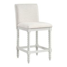 a white wooden stool with an upholstered back and seat cushion on the side