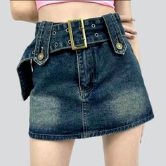 Channel your inner street style with our 2023 Spring-Summer collection Skort with Belt! This mid-waist skort with zipper & button closure is crafted with premium sanded denim to give you a unique look that blends contemporary fashion with nostalgic grunge. Distinctive Features: Sanded Denim: Our high-quality sanded denim fabric gives you an edgy and distressed look that effortlessly captures the spirit of rebellion. Mid-Waist: Designed with a mid-waist fit. this skort provides a comfortable fit Trendy Denim Belted Bottoms, Casual Mini Skort With Belt, Casual Mini Skirt Skort With Belt, Y2k Spring Mini Skirt With Belt Loops, Y2k Mini Skirt With Belt Loops For Spring, Spring Y2k Mini Skirt With Belt Loops, Denim Blue Bottoms With Belt, Casual High Waist Mini Skirt With Belt, Casual Spring Skort With Belt