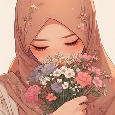 a woman wearing a hijab holding flowers in her hands