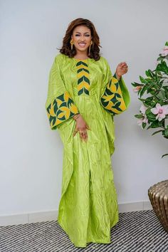 African dress made in bazin fabric. Need an exquisite African dress for your special event?  You are at the right place.  We use the highest quality bazin there is and take great care in sewing and having the dress delivered.   The dresses are custom made to your measurements.  Everything is done with customer satisfaction in mind.  We suggest that you leave us your measurements to get a better fit. But if somehow you are unable to do your own measurements, then please choose a size from the chart. You can add an optional message (size, color, or other custom) to me in the note section during checkout. Traditional Green Maxi Dress For Evening, Elegant Green Agbada For Wedding, Bazin Dress, African Dress For Women, Boubou Styles, Plus Size African, Boubou Styles For Women, Eid Dress, Dress African