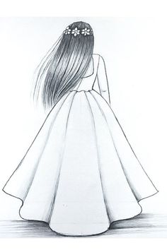 a drawing of a girl with long hair wearing a white dress and flowers in her hair