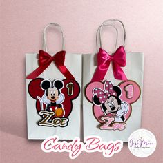 two bags with minnie mouse and mickey mouse on them, one has a pink bow